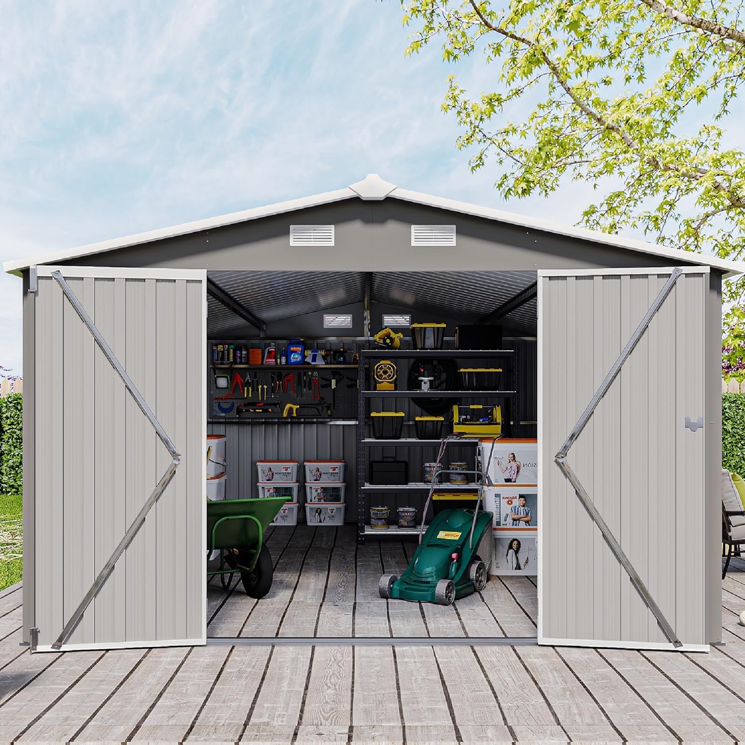 KEIKI 10x 14 FT Metal Storage Shed Outdoor, Large Garden Shed with Roof & Lockable Doors, Utility Tool Sheds Frame & 4 Vents for Patio Backyard Bicycles Storage House, All Weather Use, Light Grey