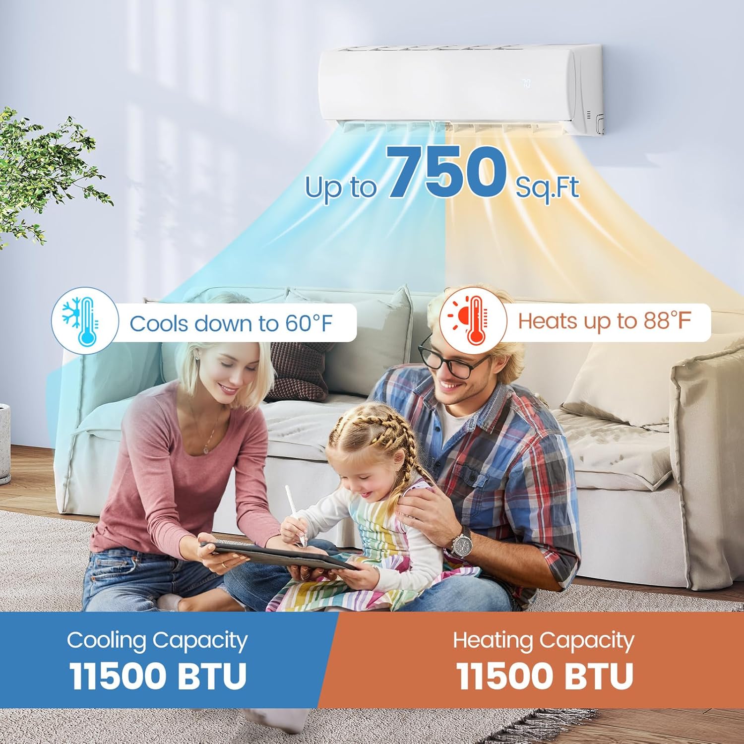 ARLIME 11500 BTU Mini Split AC, Wifi Enabled Air Conditioner with Inverter & Heat Pump, Works with Alexa, Energy-saving Quiet Ductless Wall AC Unit with Installation Kit, 17 SEER2 (11500BTU 115V)