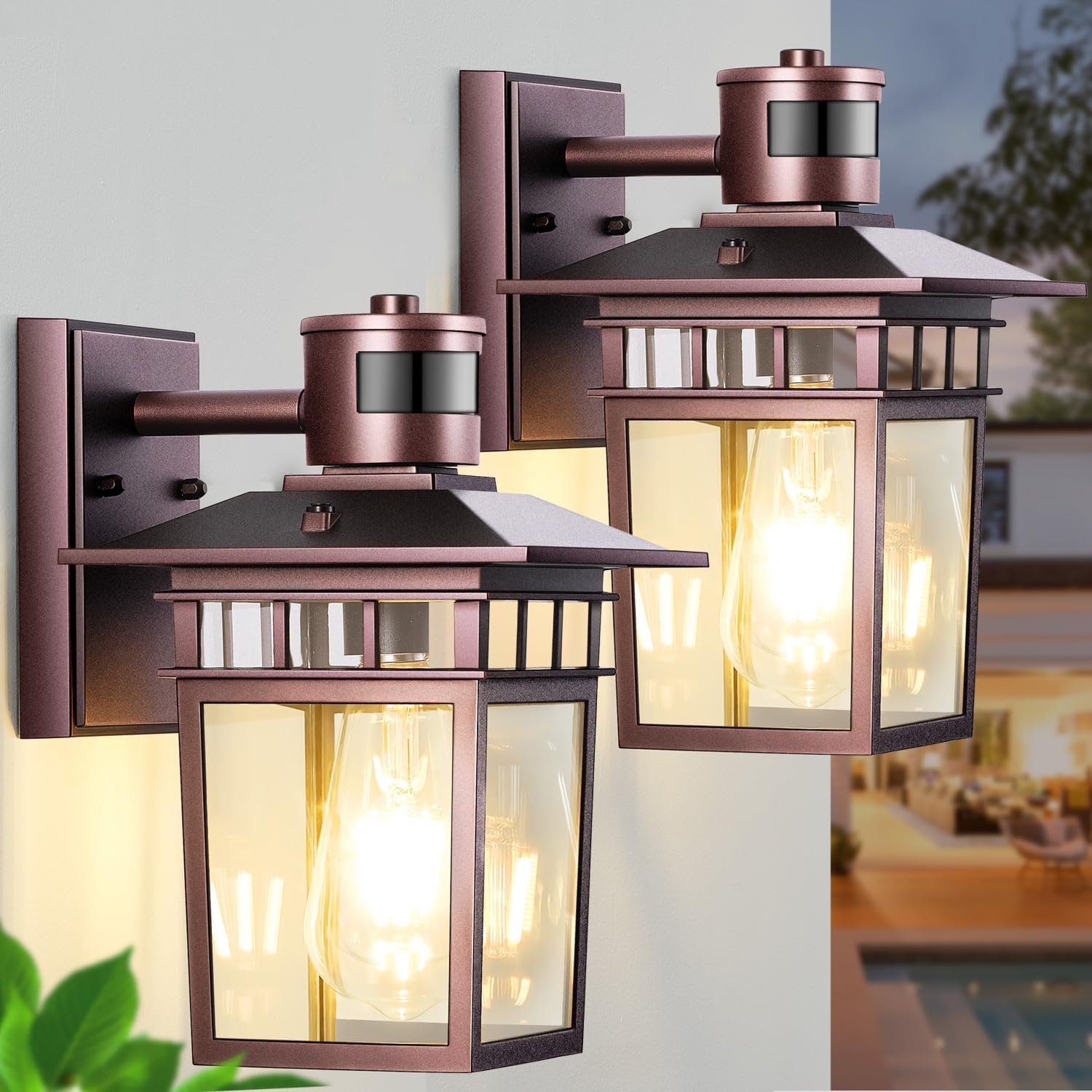 HIFEEEN 2-Pack Outdoor Wall-Mounted Motion Sensor Light with Dusk to Dawn Function, Waterproof Anti-Rust Aluminum Exterior Bronze Porch Lighting Fixture for Front Door, Garage, and Entrance Wall