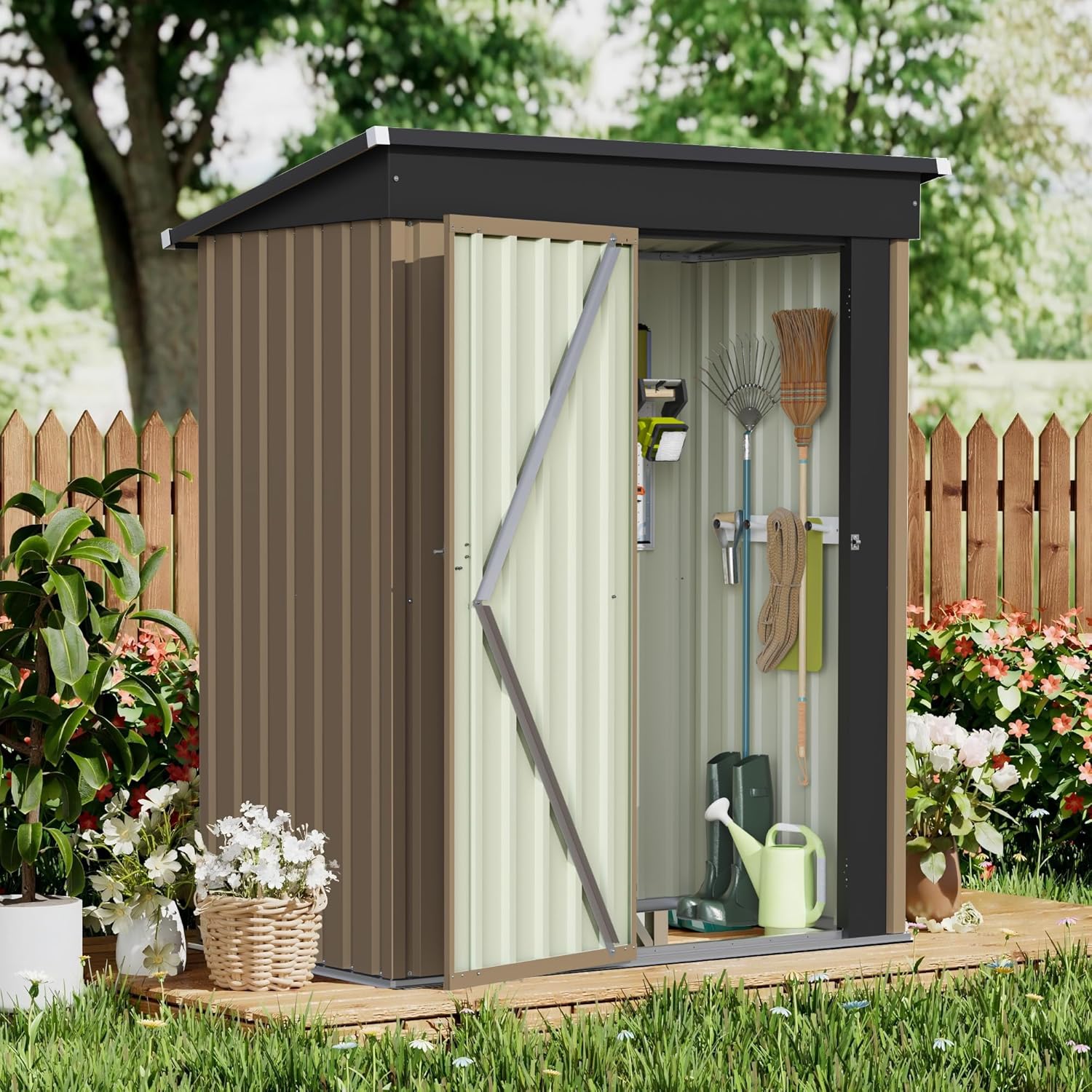GUNJI 5 x 3 FT Shed Outdoor Storage Shed Metal Garden Shed with Lockable Door Outside Waterproof Tool Shed for Backyard, Patio, Lawn (Brown)