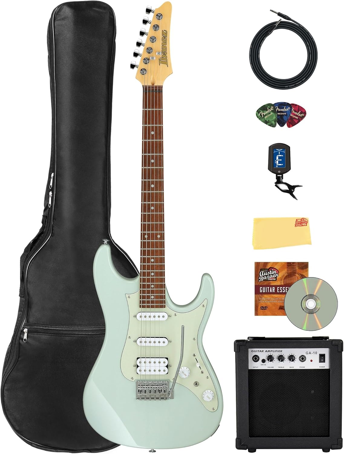 Ibanez AZES40 AZES Standard Electric Guitar - Mint Green Bundle with Amplifier, Gig Bag, Tuner, Cable, Picks, Austin Bazaar Instructional DVD, and Polishing Cloth