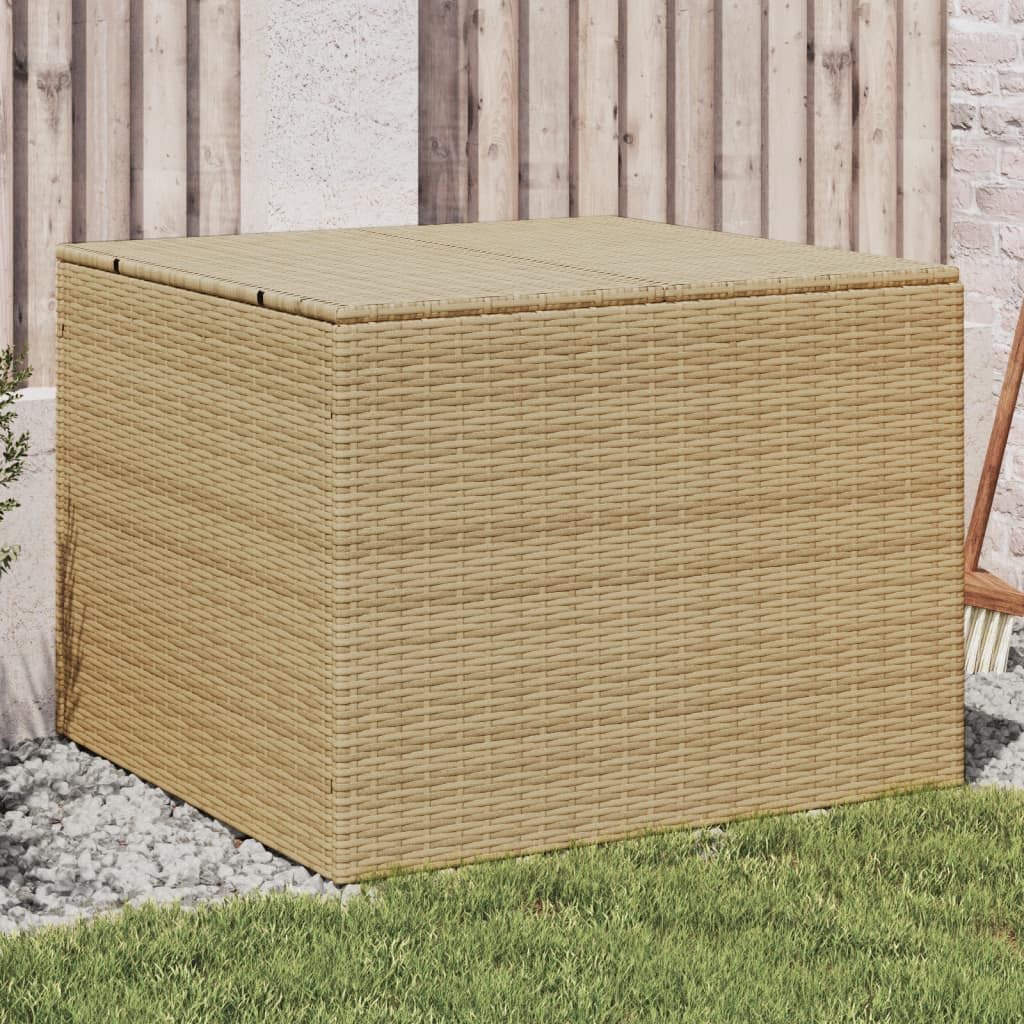 Large Garden Storage Box, Beige PE Rattan Outdoor Deck Pool Waterproof Container, 77 Gallon Capacity, Powder-Coated Steel Frame, Weather Resistant Patio Bin for Cushions & Tools