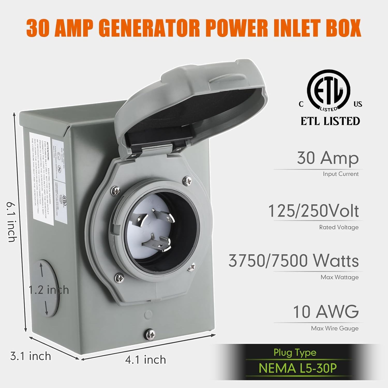 Kanayu 15FT 30 Amp RV Generator Cord and Power Inlet Box Compatible with NEMA TT-30P to L5-30R Lock Generator Extension Cord with LED Indicator Pre-Drilled L5-30P Inlet Box, ETL Listed