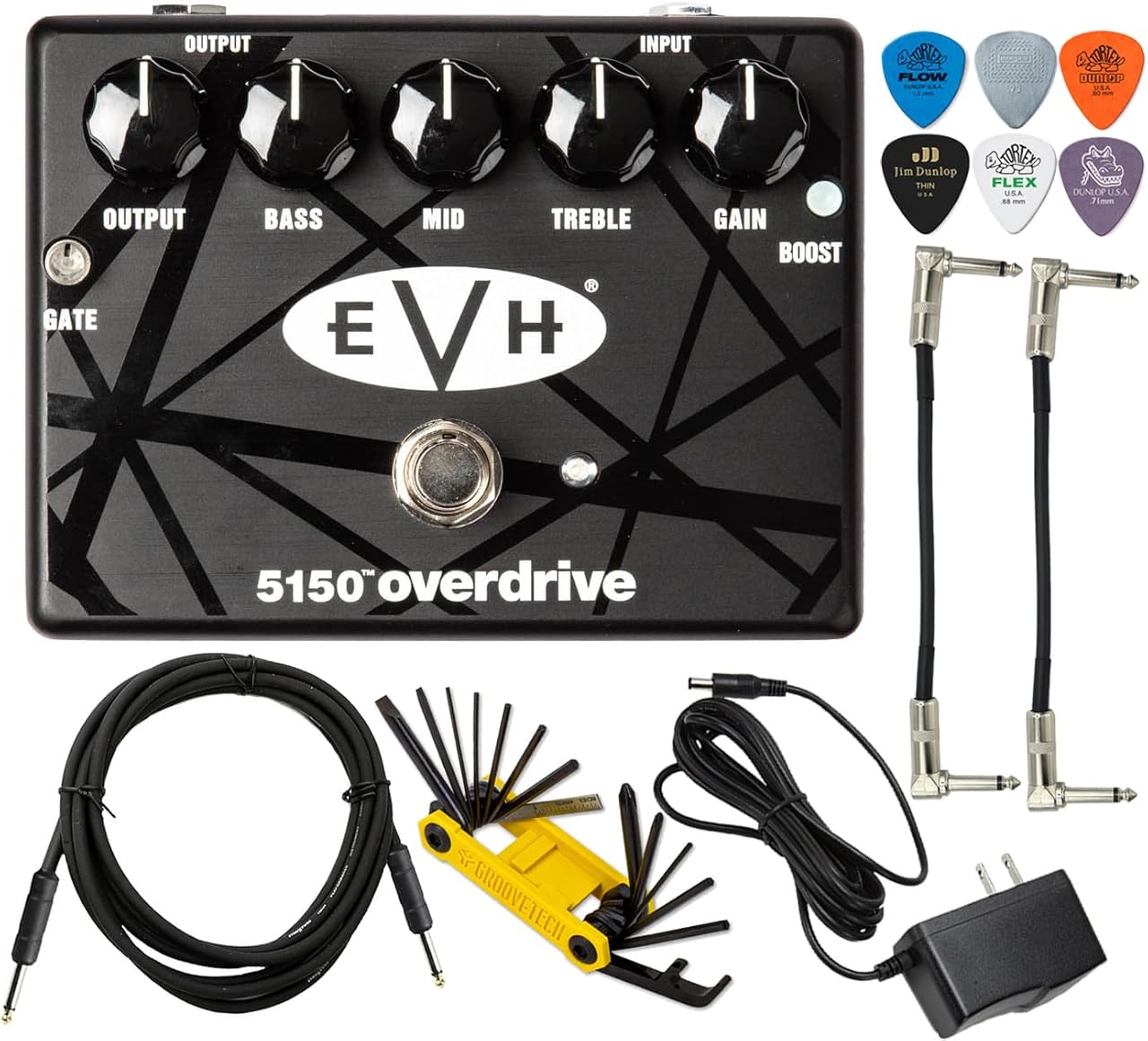 MXR EVH5150 Overdrive Distortion Electric Guitar Effects Pedal with Boost Switch and Noise Gate Featuring Tonebird 1500mA 9V Adapter, Patch Cable, Multi-Tool, Picks Bundle