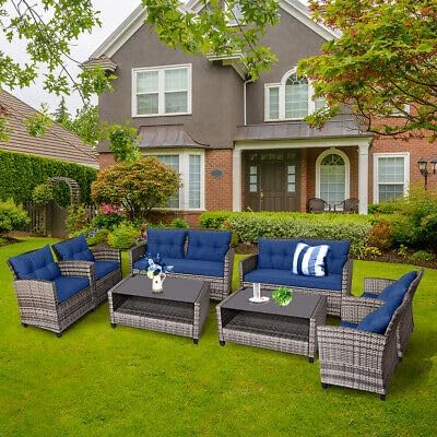 Compatible with Patio 8 PCS Rattan Furniture Set Coffee Table Cushioned Sofa Garden Lawn Navy Size : 49