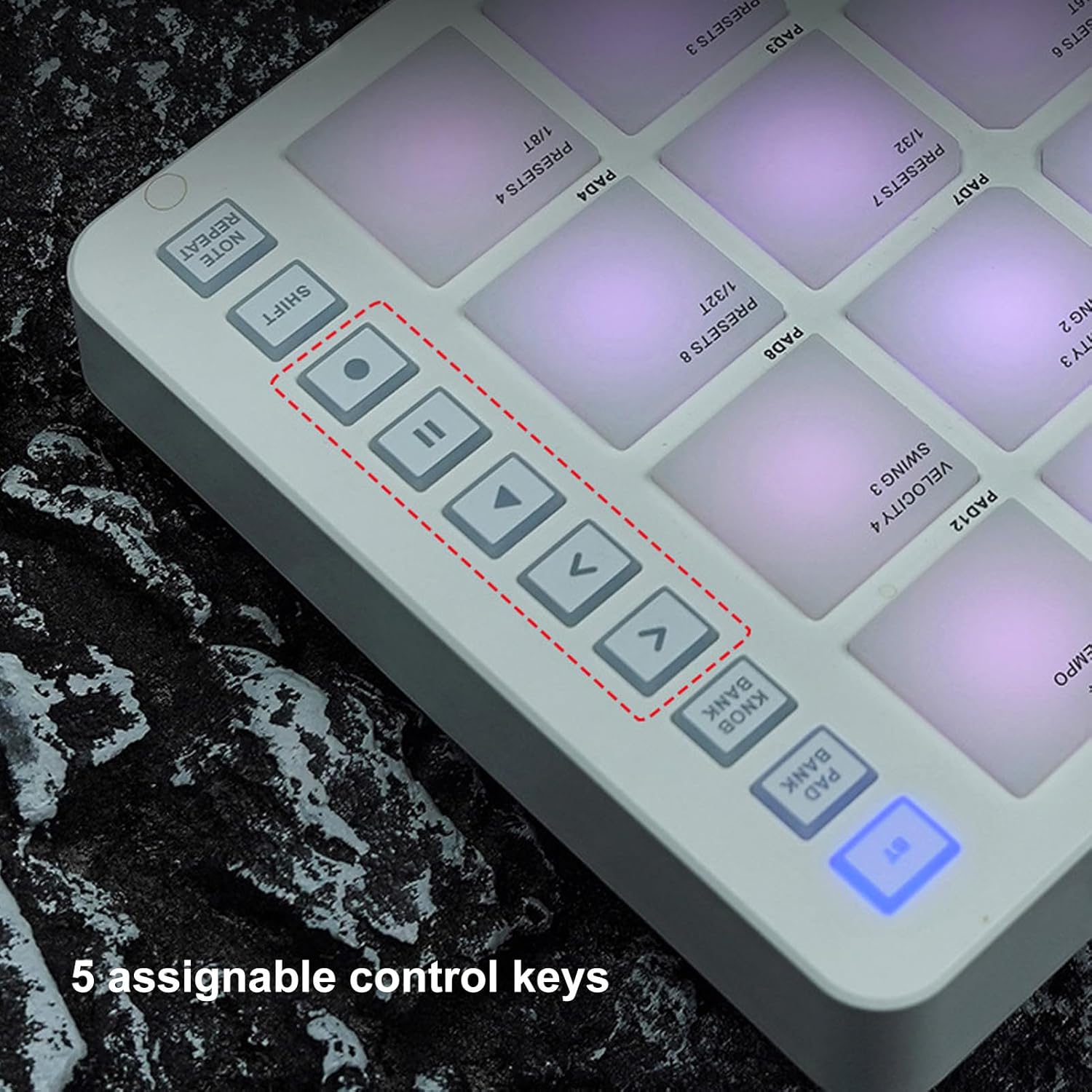 MIDI Pad Controller, Portable SMC PAD Bluetooth MIDI Controller with 16 RGB Backlit Pads, 8 Assignable Knobs, Note Repeat, Full Level Buttons, 3.5mm MIDI Output