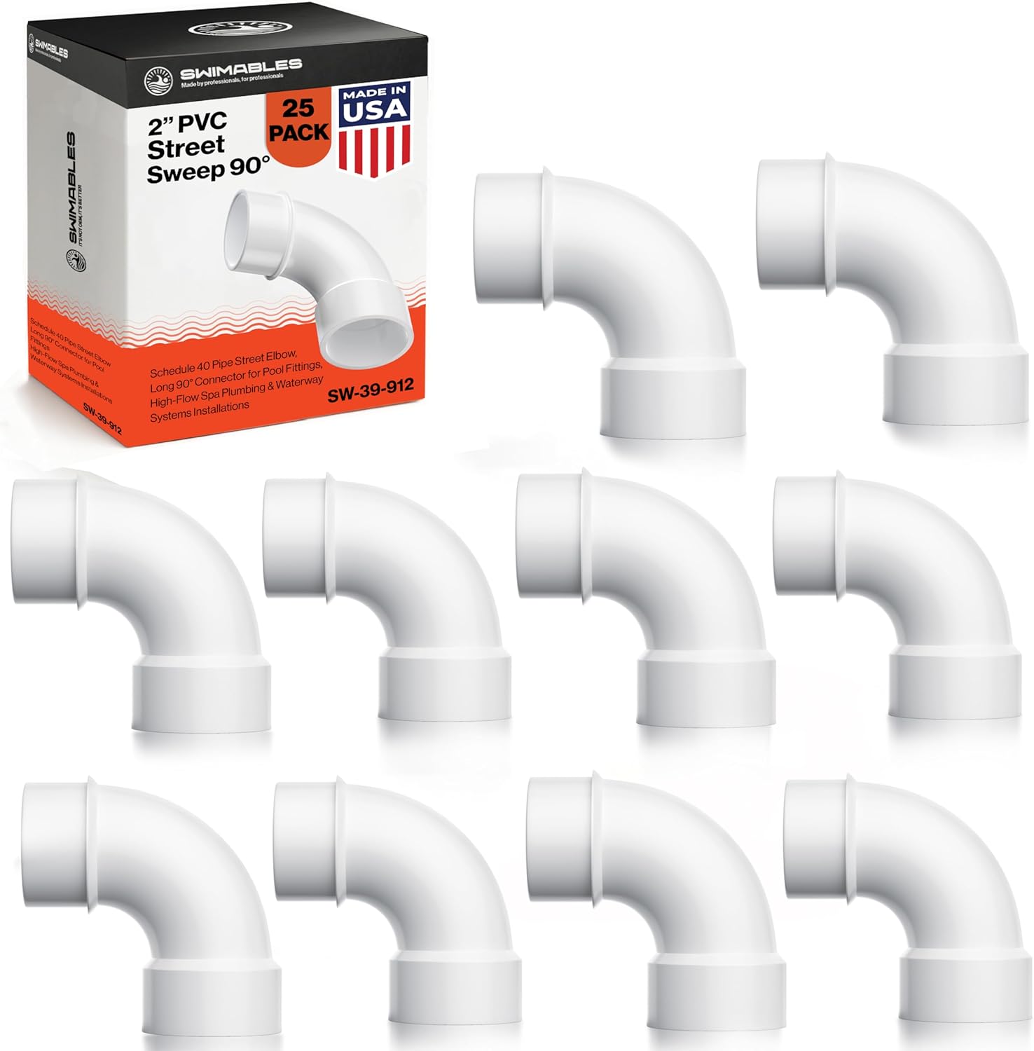 Swimables 2 Inch PVC Street Sweep 90 - Schedule 40 Pipe Street Elbow, Long 90° Connector for Pool Fittings, High-Flow Spa Plumbing & Waterway Systems Installations - Durable PVC Pipe Elbow (25 Pack)