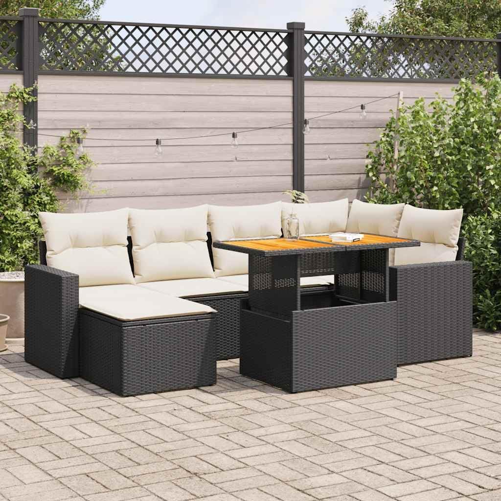 7 Piece Modular Garden Sofa Set Black PE Rattan Outdoor Furniture with Acacia Table Weather Resistant Patio Seating