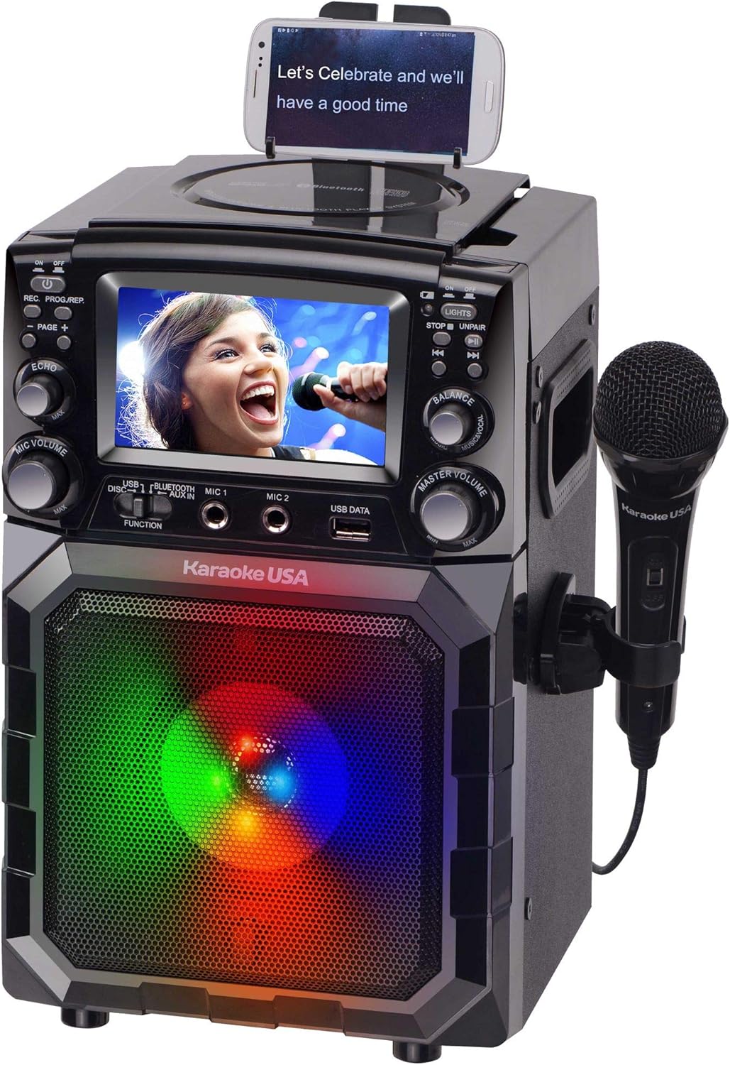 Portable Karaoke Machine with Lyrics Display | Color Screen | CD+G, MP3+G & USB MP3 | Wireless Bluetooth Speaker with Built-in Rechargeable Battery and LED Flashing Lights | Includes Wired Microphone