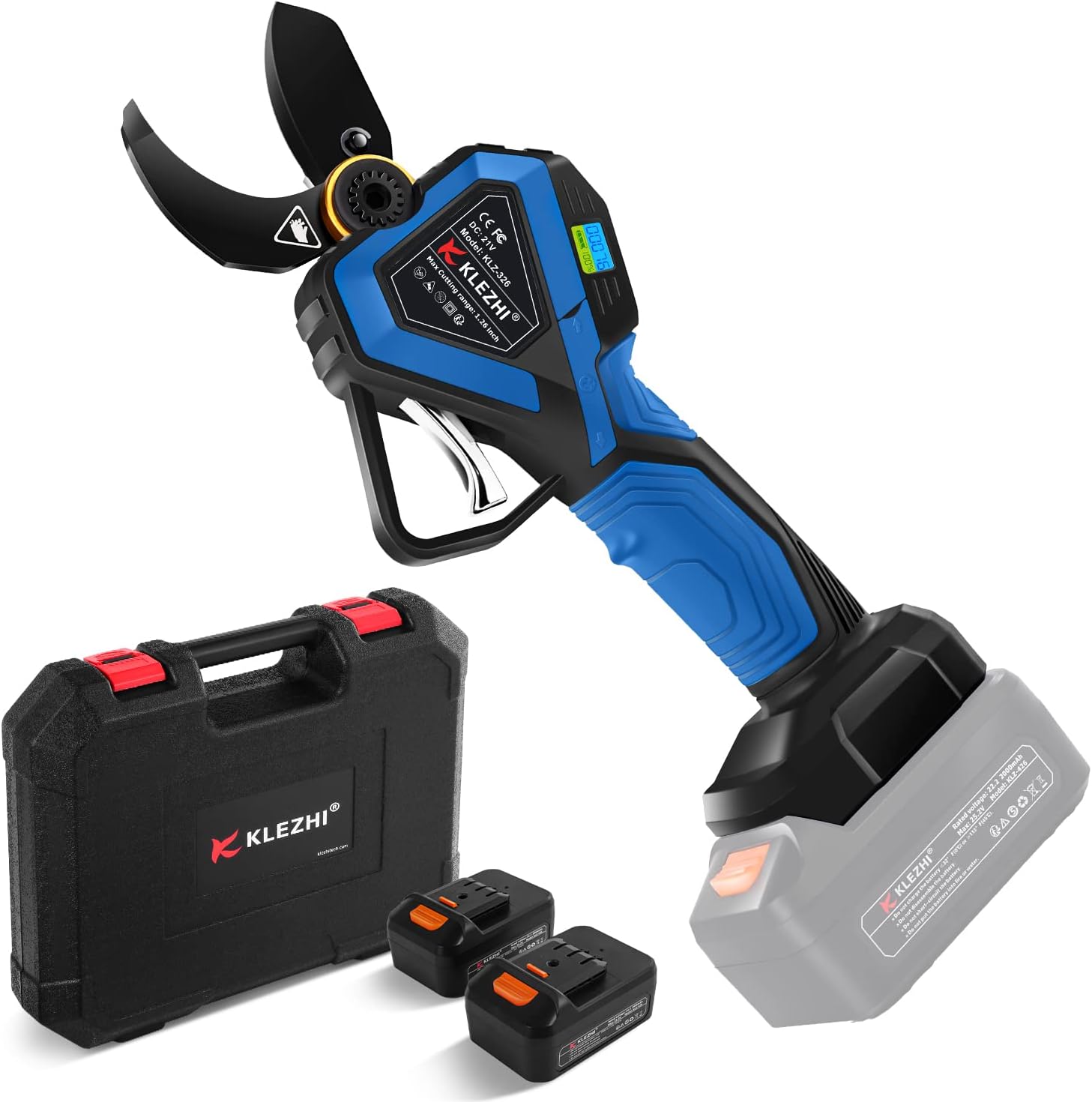 Cordless Electric Pruning Shears with Colorful LED Dispaly,Cut capacity of 32mm / 1.26inches, 2 x 2 Ah Lithium Rechargeable Battery 8-10 Working Hours Black