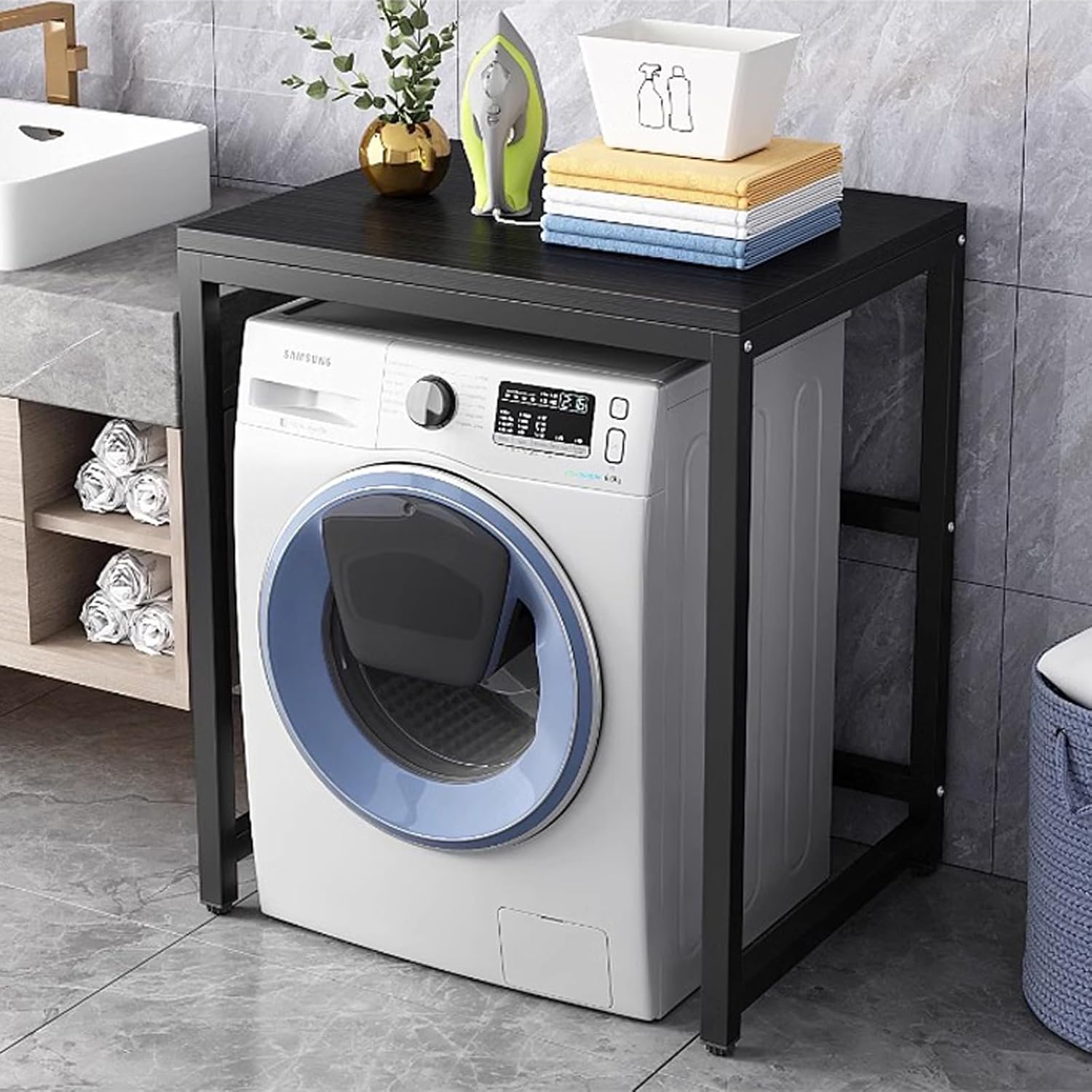 Adjustable Non Slip Feet Drum Washing Machine Storage Rack Freestanding Over Washing Machine Shelf with Space Saving Design Organiser Shelf for Small Kitchen Bathroom