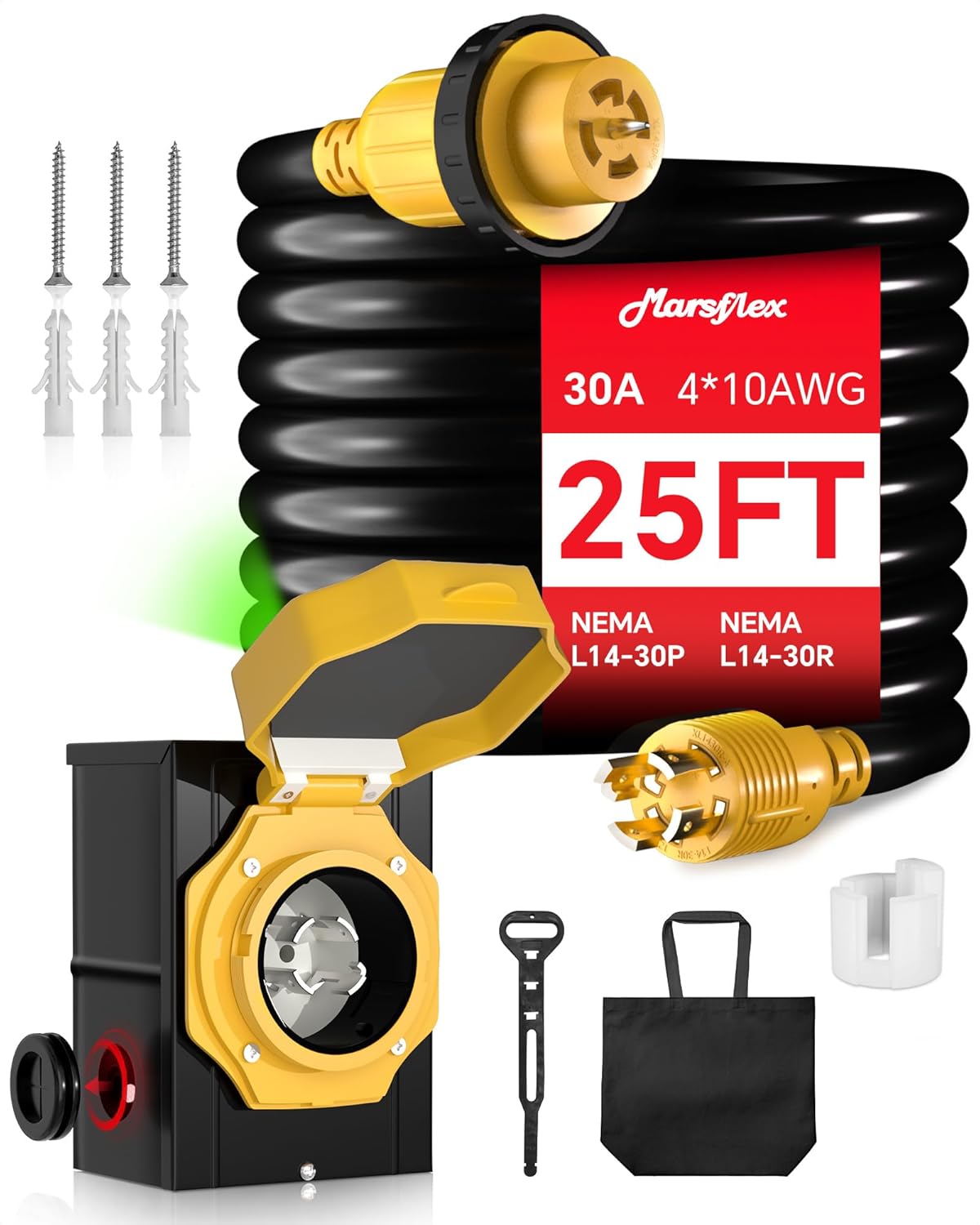 Marsflex 25FT 30 Amp Generator Cord and Power Inlet Box, Pre-Drilled Generator Inlet Box with NEMA L14-30P / L14-30R Generator Cord, for 125/250 Volt 7500 Watts, Weatherproof Outdoor Use, ETL Listed