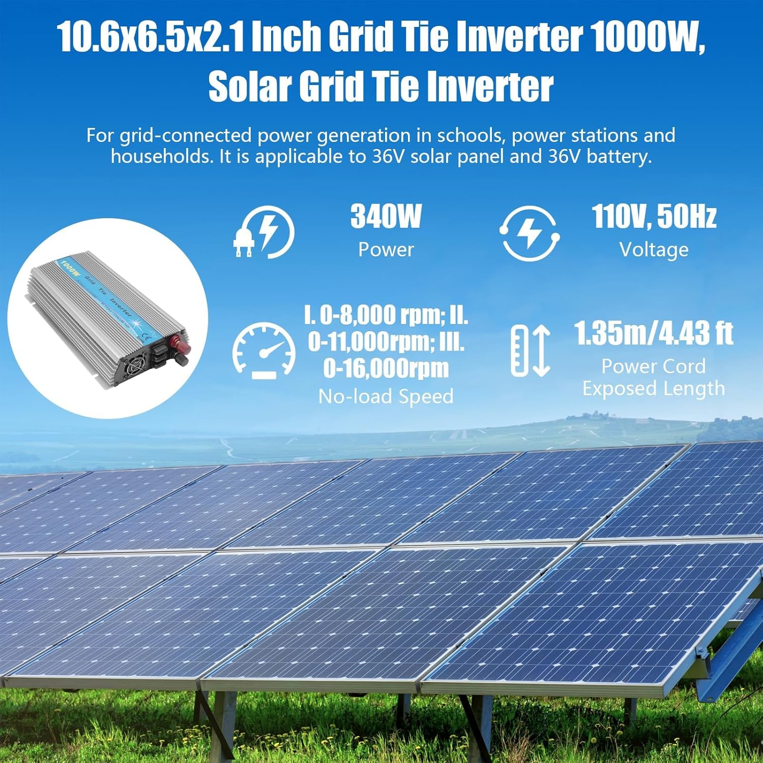 Grid Tie Inverter 1000W, Solar Grid Tie Inverter, 10.6x6.5x2.1 Inch, 110V MPPT, Aluminum Alloy GTI1000W with CE/RoHS Certification