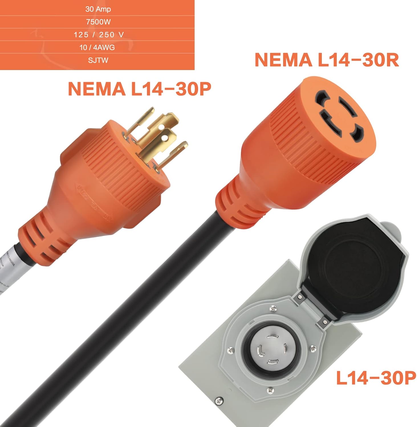 Finderomend 50ft 30 Amp Generator Cord and 30 Amp Generator Inlet Box, NEMA L14-30P to L14-30R Power Extension Cord 125V/250V 7500W Twist Lock Cord Plug for RV Emergency Backup,ETL Listed