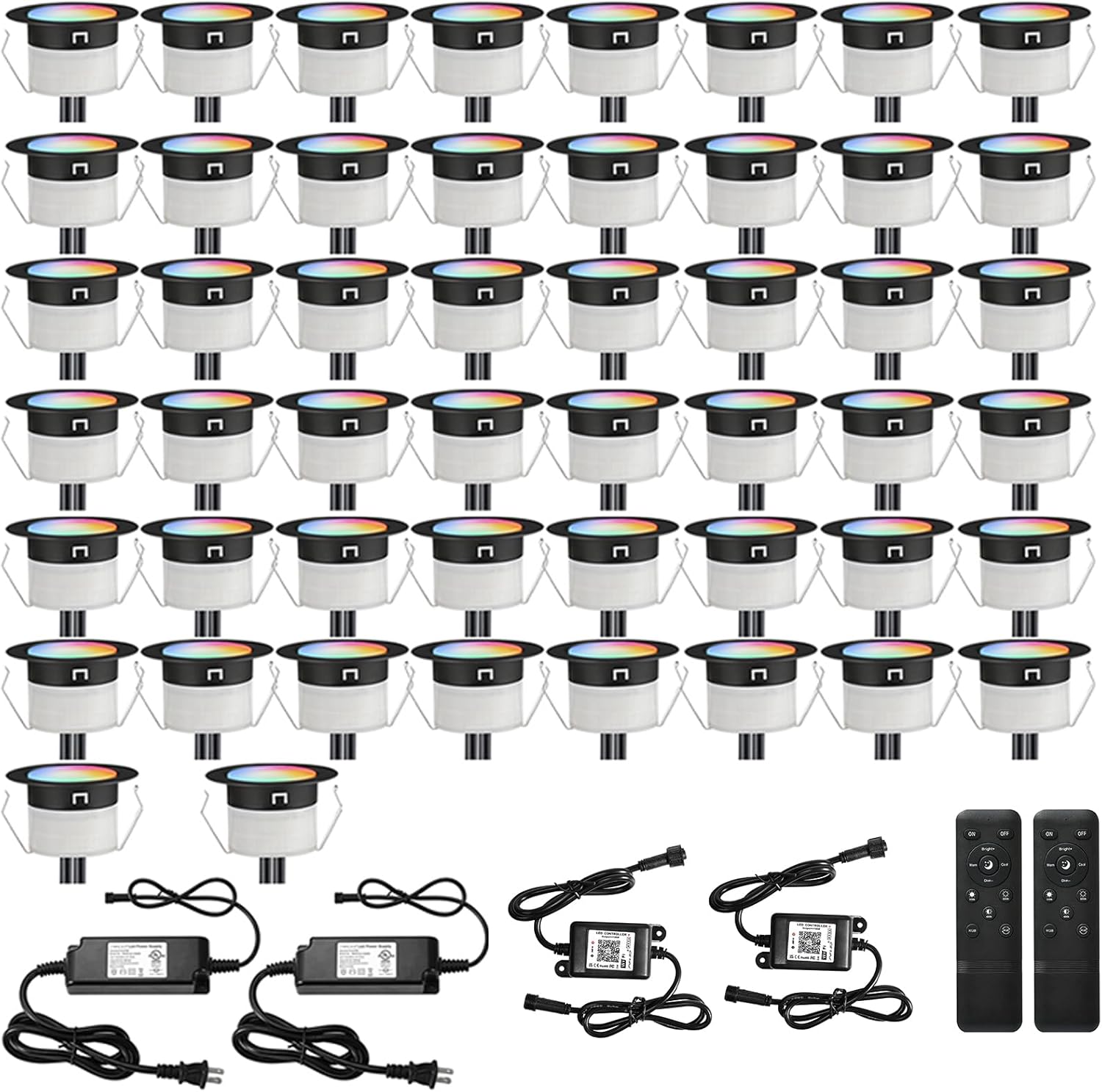 FVTLED LED Deck Lights Kit, 50pcs Φ1.22 WiFi Smart Phone Control Low Voltage Recessed RGBW Deck Lighting Waterproof Outdoor Yard Path Stair Decor, Black