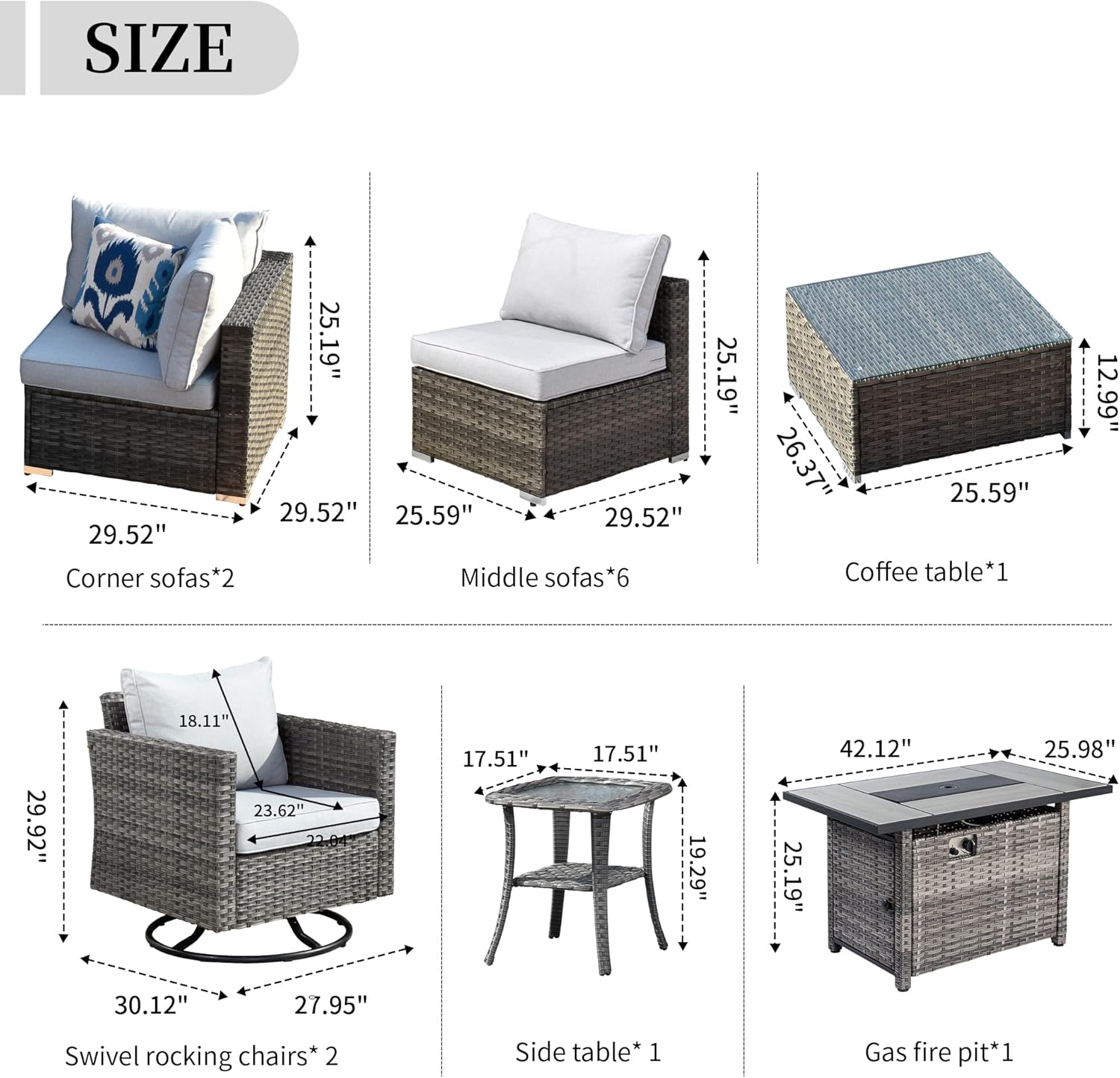 HOOOWOOO 13 Piece Patio Sectional Furniture Set with Fire Pit Table,Modern Wicker Outdoor Conversation Sofa Sets,All Weather Modular L Shaped Outside Couch Swivel Chair Set(Light Grey)