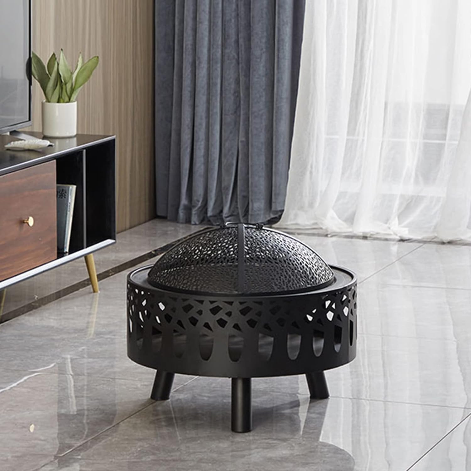 Fire Pit for Garden, Large Fire Pit Brazier with BBQ Grill and Mesh Spark Guard Steel Fire Bowl, for Garden, Patio Outdoor Use