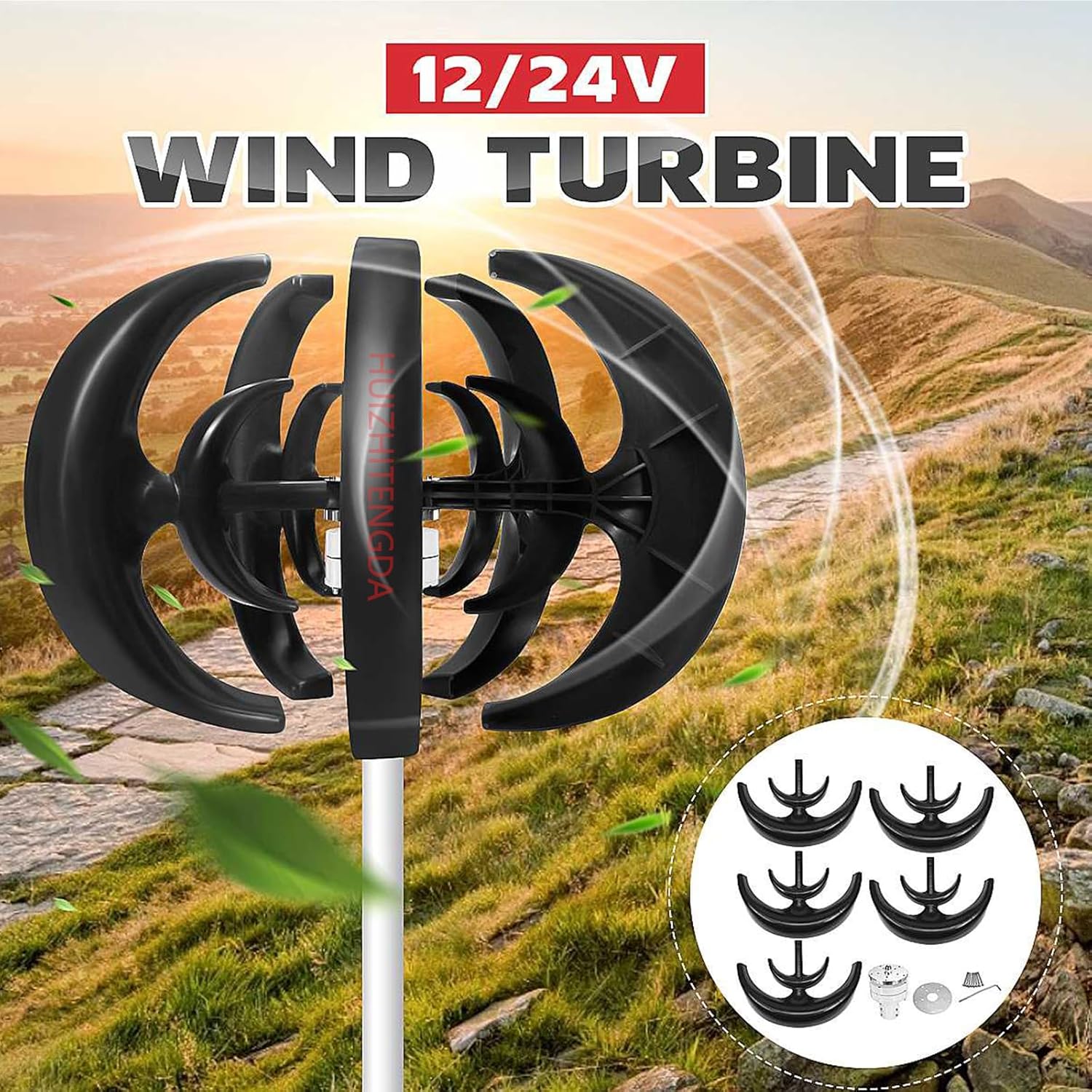 2000W 5 Blades Vertical Wind Generator Set,12V-220V Magnetic Levitation Vertical Wind Turbine for Household Gardens with MPPT Controller(Black)