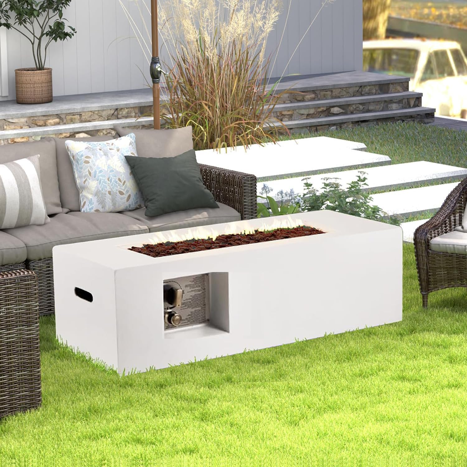 ECOTOUGE 2-Piece Outdoor Propane Fire Pit Table, 50,000 BTU Gas Fireplace with lid and Hideaway Tank Holder, Auto-Ignition 42''Concrete Fire Pit w/Weather-Resistant Pit Cover, Lava Rocks, White