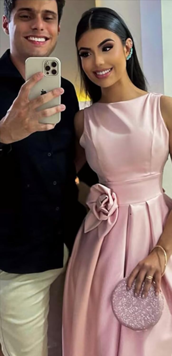 Formal Satin Mother of The Bride Dresses for Women Tea Length A Line Wedding Guest Dress with Pockets