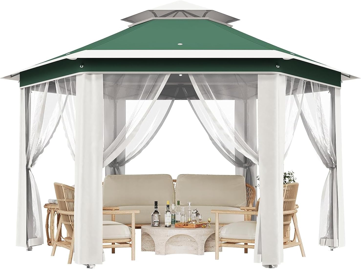 Pop-Up Gazebo 13 x 13 ft 6 Sided, Canopy Tent with Mesh Windows & Portable Carry Bag, Adjustable Tent Outdoor Pergola for Backyard & Patio Furniture (Green + Beige)