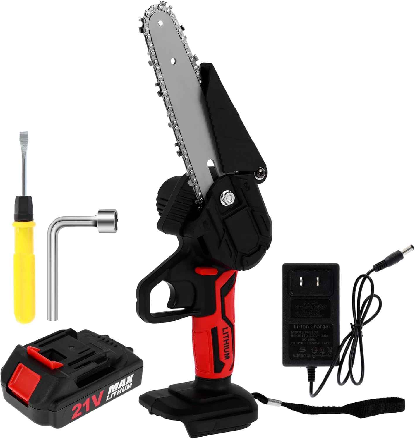 Mini Chainsaw 21V 850W 6inch Small Handheld Chain Saw Multifunctional Lithium Electric Power Chainsaw with Safety Switch Portable Wood Cutting Chain Saw for Branches Trimming US(American rules,gules)