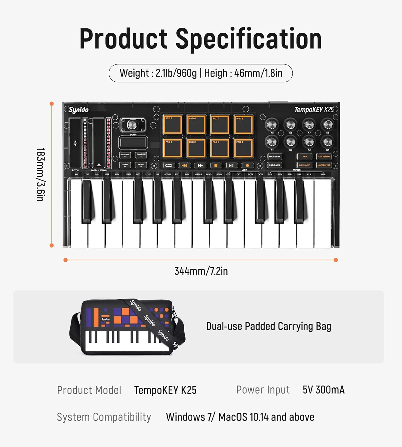 Synido USB C MIDI Keyboard Controller 25 Keys with 8 Backlit Drum Pads, OLED Screen, Compact Mini MIDI Controller for Music Production – Black, TempoKEY K25