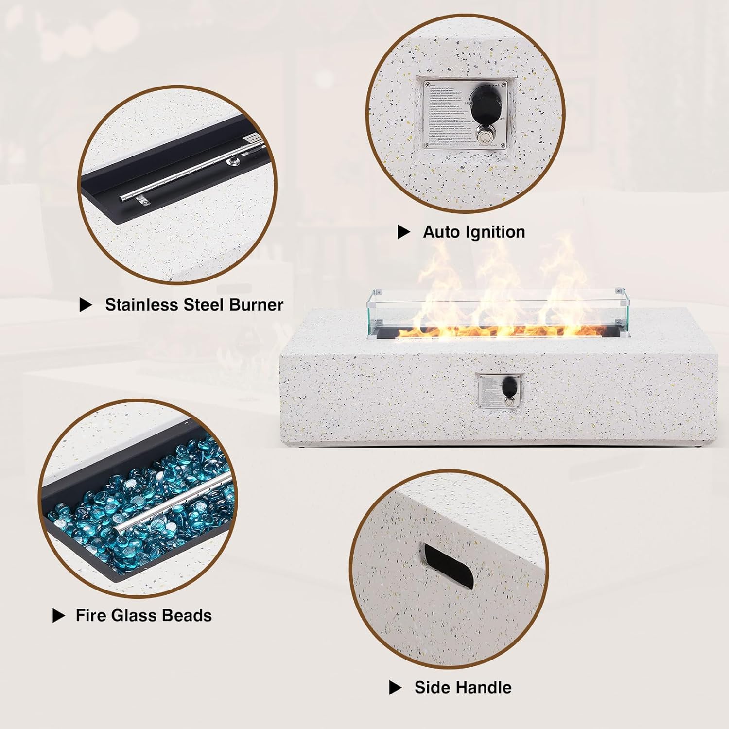 2-Piece Outdoor Propane Fire Pit Table Set – Premium Terrazzo-Like MgO Finish, 56-Inch Gas Fire Table with Glass Wind Guard for Patio, Garden & Backyard, Includes Rain Cover & Glass Beads