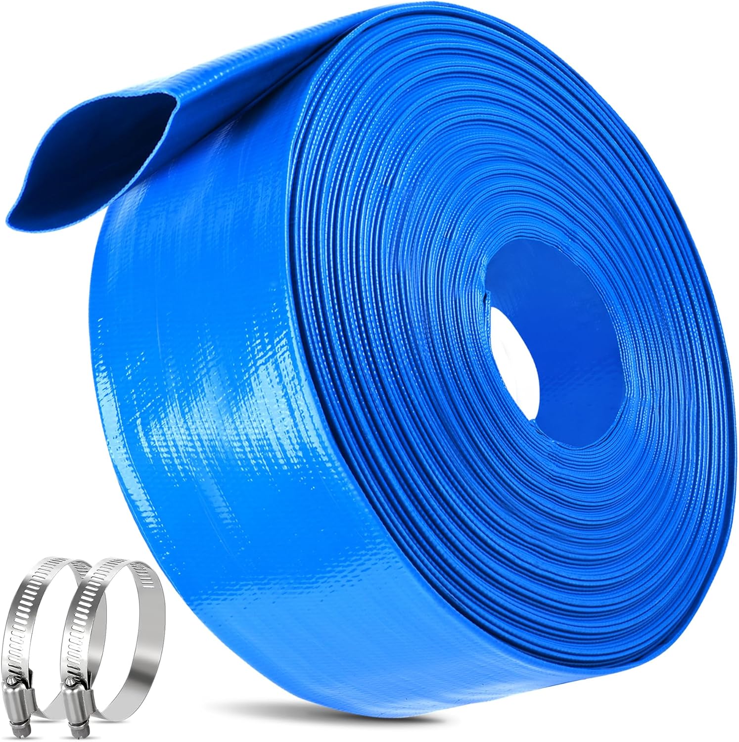 MYFAMIREA 3 IN x 110 FT Pool Backwash Hose Heavy Duty Drain Discharge Double PVC Layflat Hose with 2 Clamps, Weatherproof Burst Resistant for Water Transfer, Sump Pump, Pool Filter, Drain (33.6M,Blue)
