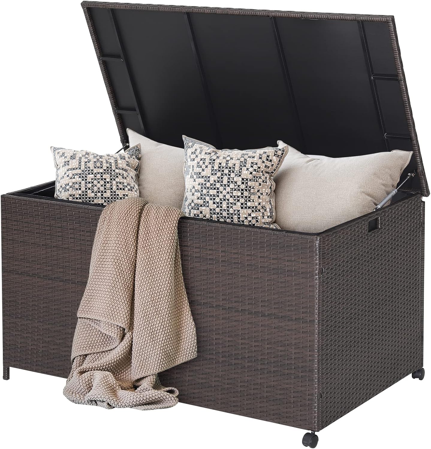 Tangkula 133 Gallon Deck Storage Box, Patio Rattan Storage Container with 2 Universal Wheels, Safety Pneumatic Rod, Zippered Liner, Sturdy Steel Frame, Ideal for Backyard, Poolside