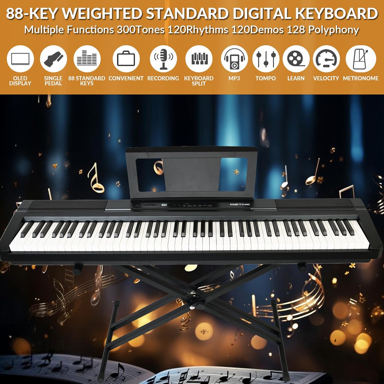 Digital Piano 88 Key Weighted Keyboard with Hammer Action, Full Size Weighted Keyboard piano 88 Key with 2x30W Speakers, Adjustable Stand, Carrying Case, Sustain Pedal, Headphone, ABS, Black