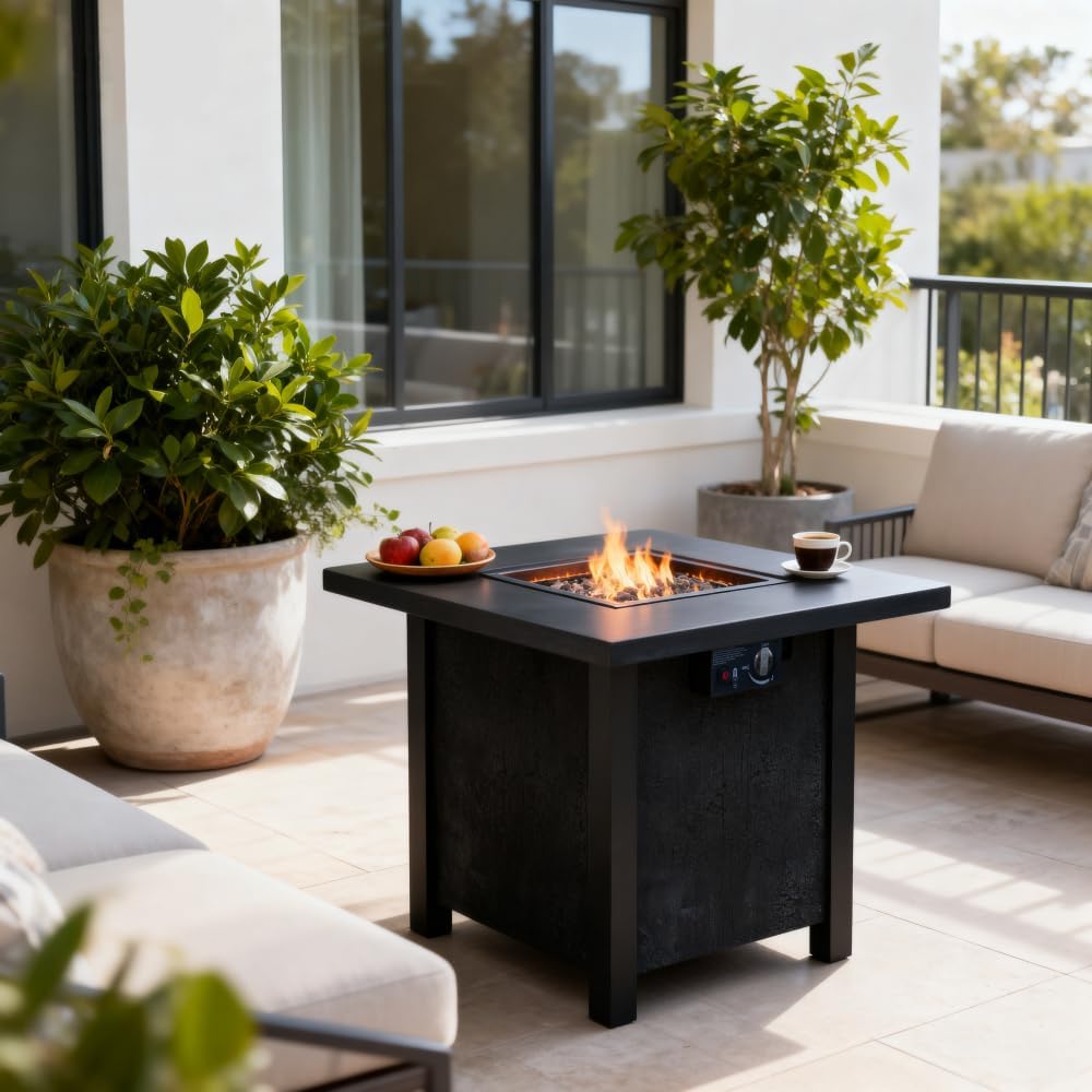 28 Inch Square Outdoor Propane Fire Pit Table with 50000 BTU Heat Output, Fiberglass and Iron Construction for Patio Garden Use