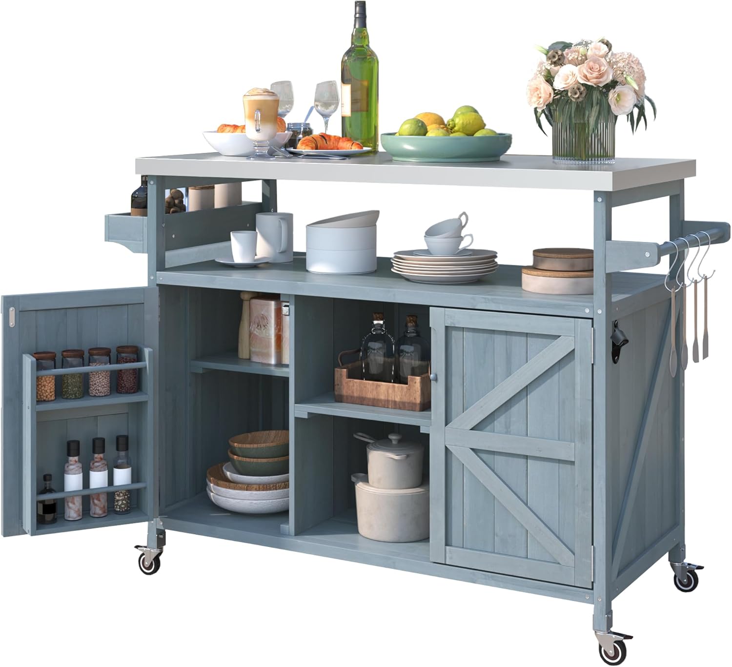 LUMISOL Outdoor Kitchen Island with Stainless Steel Top & Storage Cabinet, Farmhouse Solid Wood Grill Table with Internal Storage Rack, Outdoor Bar Cart with Spice & Towel Rack, Grey Blue