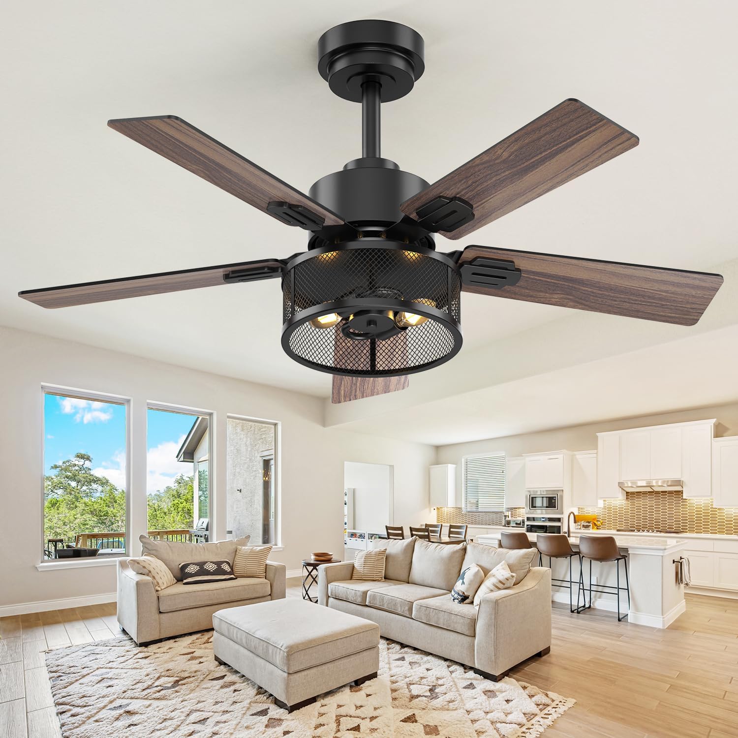 Farmhouse Ceiling Fans with Lights and Remote, 42 Inch Black Caged Ceiling Fan, Indoor/Outdoor Ceiling Fan with Dual-Color Blade Warm White Lighting for Bedroom, Patio, Kitchen, Living Room
