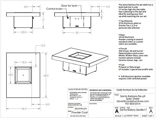 COOKE Santa Barbara 48 x 36 Rectangular Fire Pit Table - Beige Powdercoat Aluminum Top - Natural Gas (Grey Powdercoat Base)