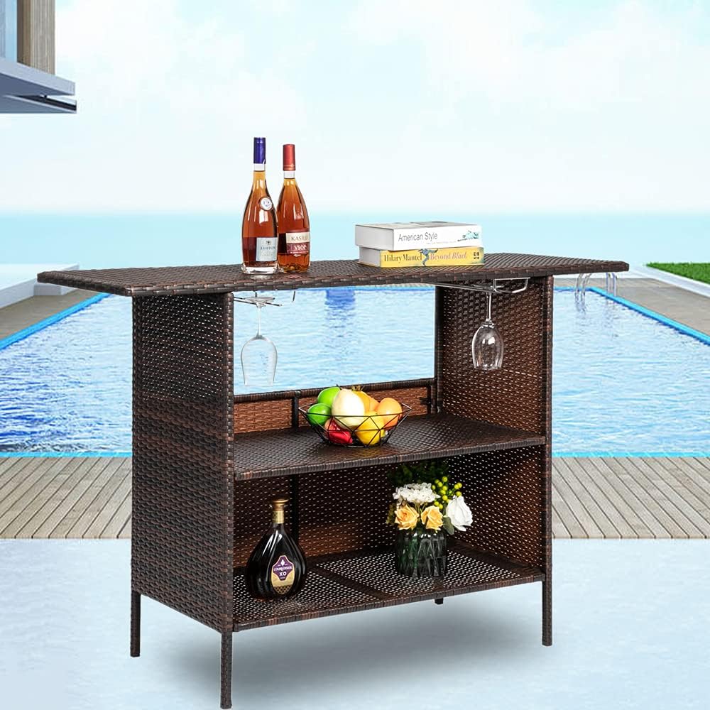 JOYBASE Outdoor Patio Bar Table, Rattan Wicker Bar Table with 2 Shelves, 2 Sets of Rails, for Backyard, Poolside