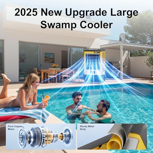 AKIRES 8980CFM Swamp Coolers,Evaporative Air Cooler for 1735Sq.ft of Space,with Continuous Auto Fill,36-Gal Water Tank,120°Oscillation,5 Ice Packs,Cooling Fan for Outdoor,Indoor Yellow(57IN)