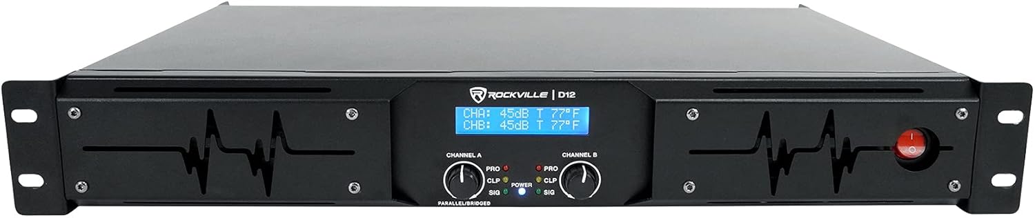 Rockville D12 5000W Peak/1400W RMS 2-Channel Class D Amplifier, LCD Display, Crossover Switch, Rack-Mountable, 4/8 Ohm Power Output, for DJs and Live Sound