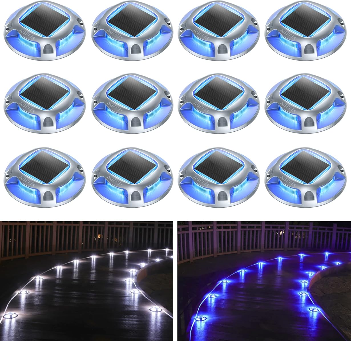 AGPTEK Solar Driveway Lights Outdoor 12 Pack, 2 Color Modes LED Deck Dock Marine Waterproof Security Marker Lights for Step Sidewalk Stair Garden Pathway Walkway Yard(Blue Light/Cool White)