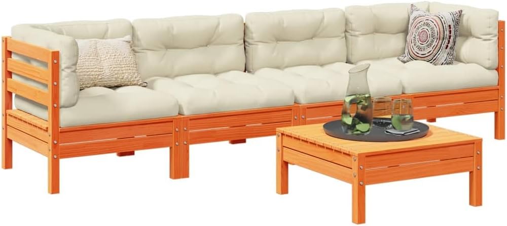 5 Piece Patio Sofa Set with Cushions Wax Brown Solid Wood Pine, Patio Furniture Sets, Outdoor Furniture