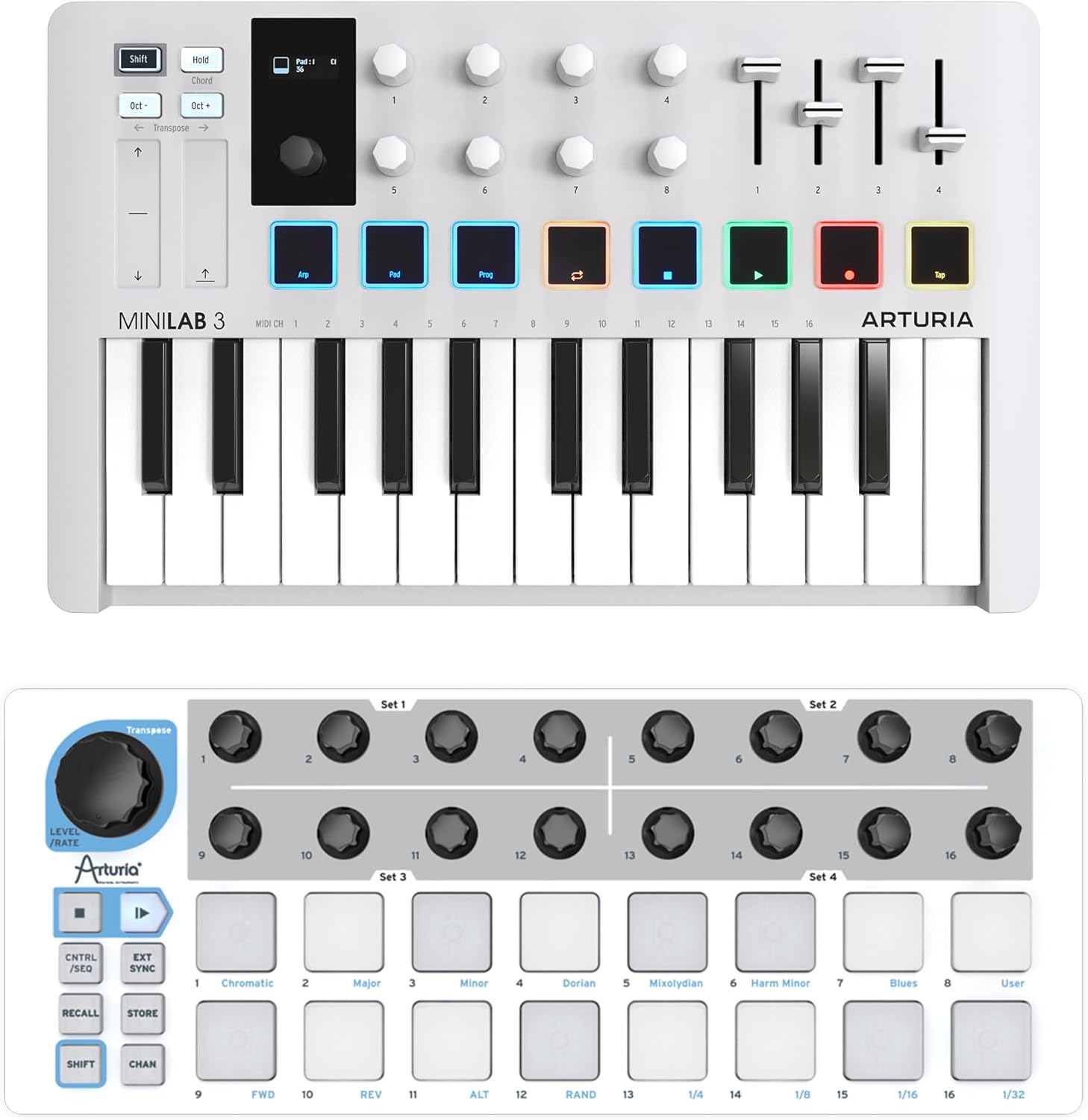 Arturia MiniLab 3 MIDI Controller & Beatstep Compact MIDI Controller & Sequencer Bundle - White