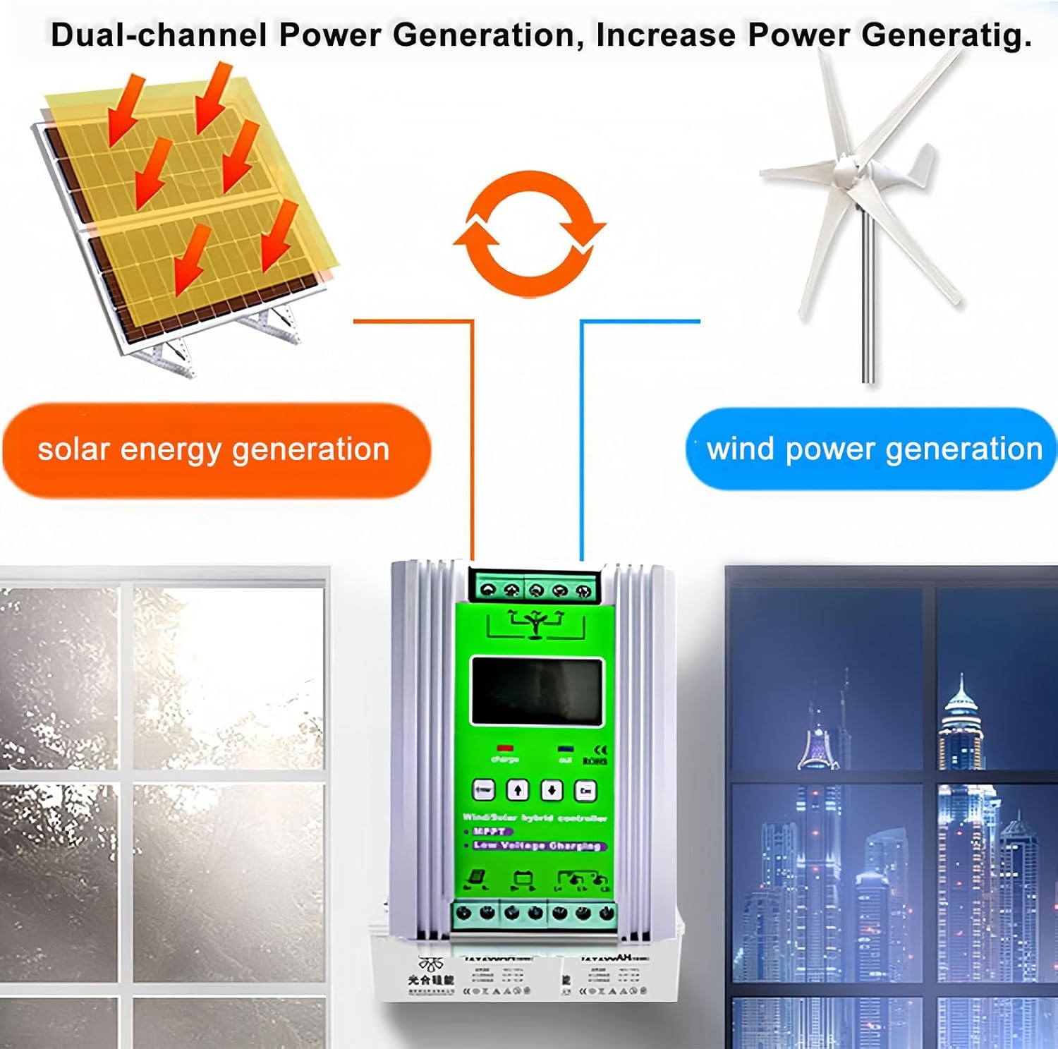 New Upgraded Wind Solar Hybrid Charge Controller, 12v/24v/48v Automatic Differentiation Separation Grid, Mppt Wind Turbine Solar Charge Controller with LCD Screen,12V-400W