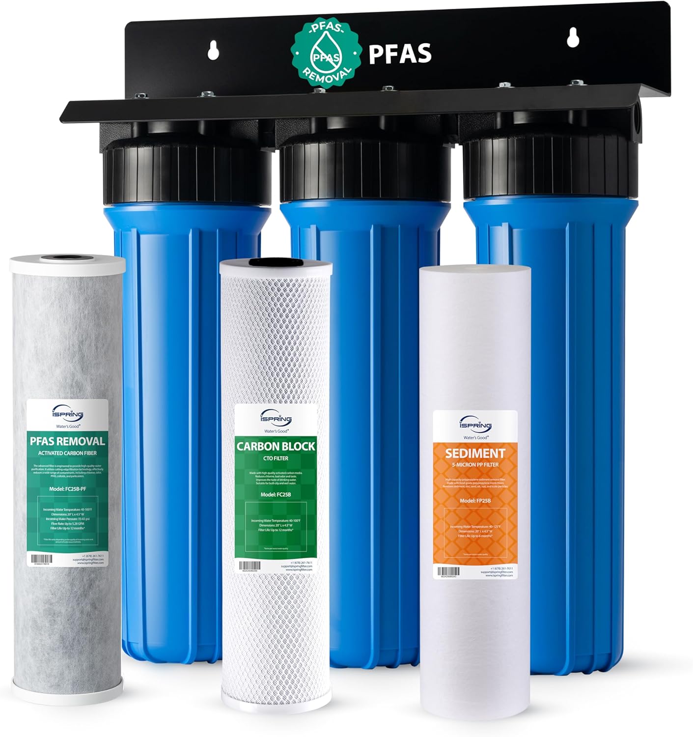 iSpring PFAS Whole House Water Filter System, SGS-Tested to Remove up to 99% PFOA & PFOS, 3-Stage Filtration Reduces Sediment, Chlorine, Taste & Odor, 20-Inch Filters, 1