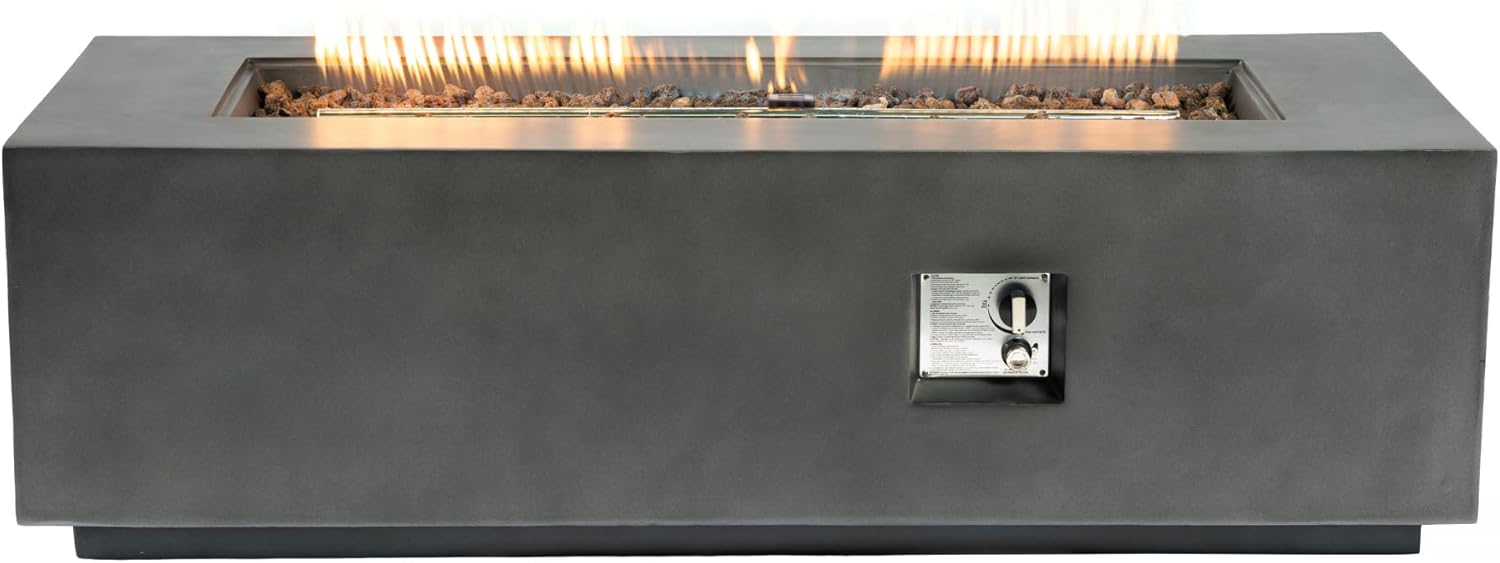 GOWE Outdoor Rectangle Propane Fire Pit Table 60inch, 60,000 BTU Concrete Fire Table with Waterproof Cover, Auto-Ignition, Free Lava Rocks,
