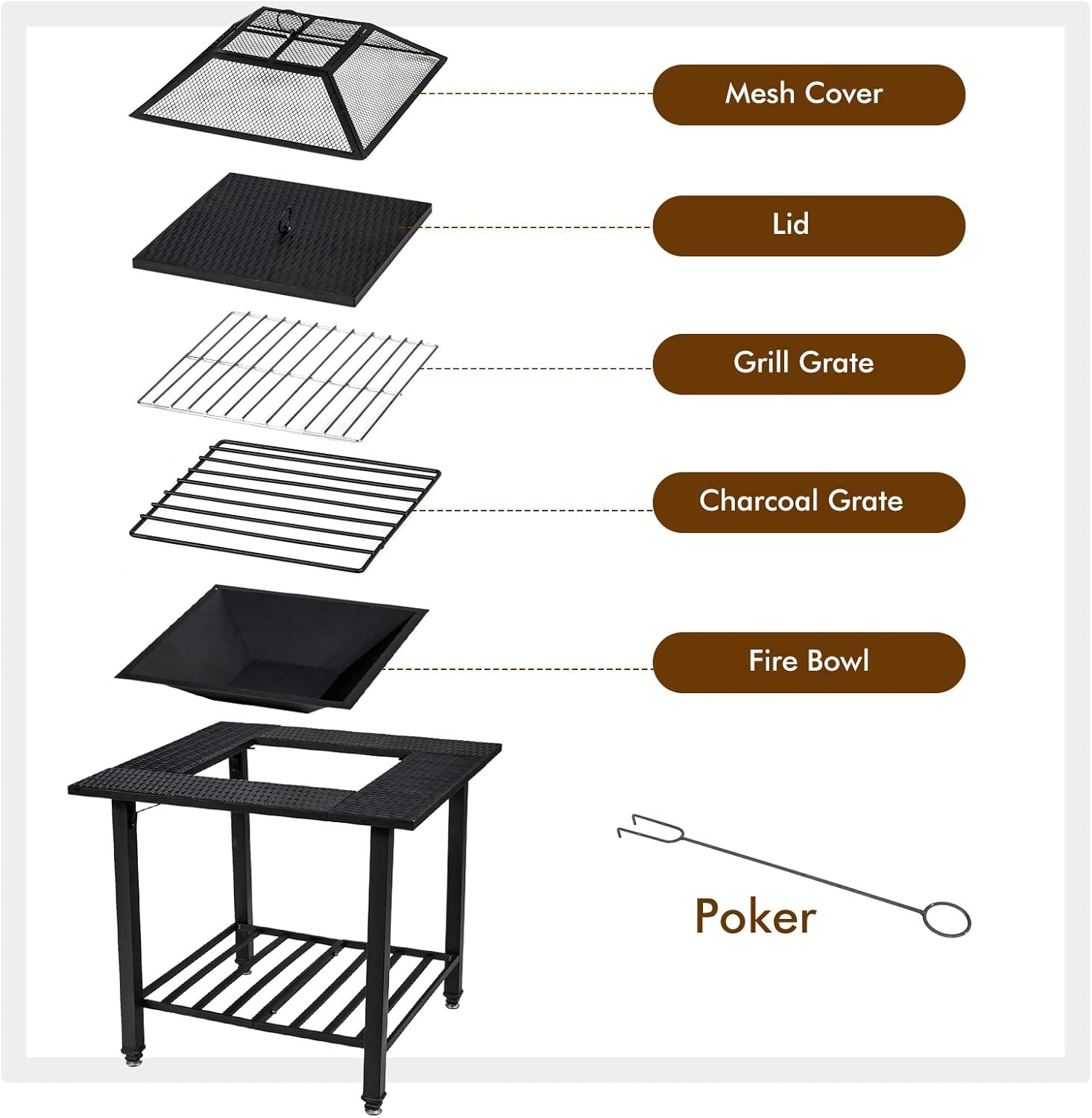 Tangkula 4 in 1 Outdoor Fire Pit, Heavy Duty Metal Square Wood Burning Fire Pit with Spark Screen Cover, Removable Lid, Cooking Grate, Log Grate and Fire Poker, BBQ Garden Fireplace for Heating