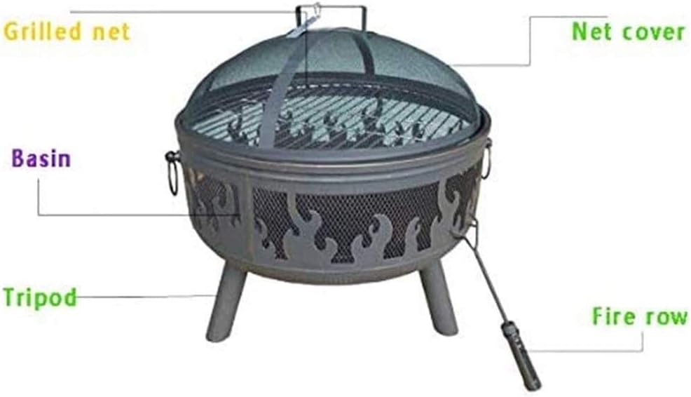 Fire Pit with Grill Shelf, Outdoor Metal Brazier, Garden Patio Heater/BBQ/Ice Pit with Waterproof Cover