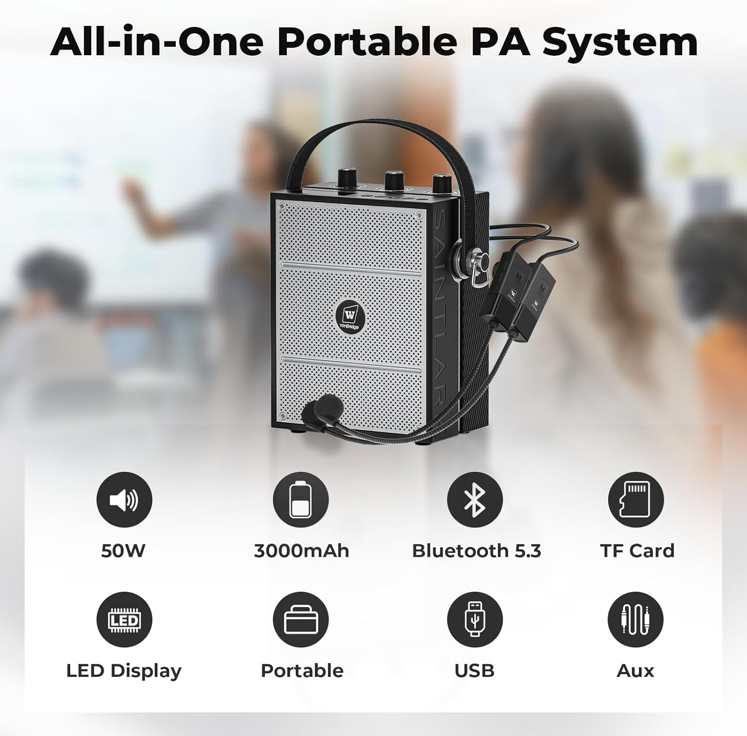 50W Voice Amplifier with 2 Headset Microphones,Microphone with Speaker, Portable Sound System with Microphone,Bluetooth Speaker Megaphone for Teachers, Classroom, Outdoor, Events -S98Plus