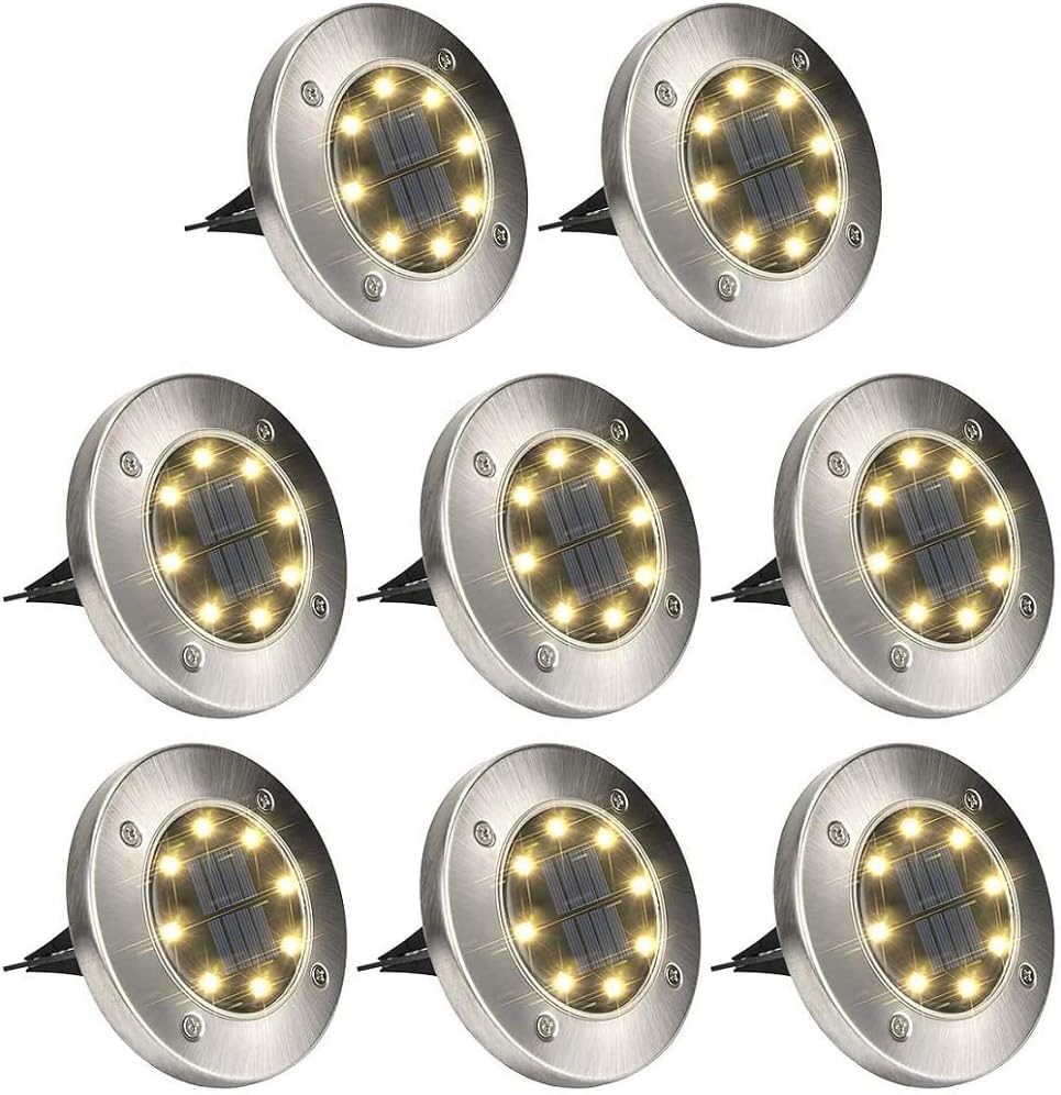 Solar Powered Disk Ground Lights Garden Grass Graden Outdoor Solar Spotlights Waterproof Lamp for Lawn Pathway Yard Driveway Step Walkway (8LED-8 Pack, Warm White Light)