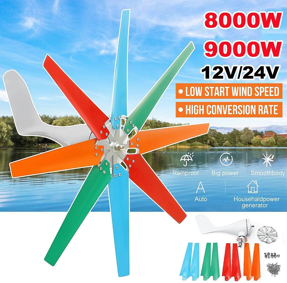 9000W 8 Blades Wind Turbines Generator 12V/24V with Controller Windmill Energy Turbines Generators for Home Yacht Farm Park