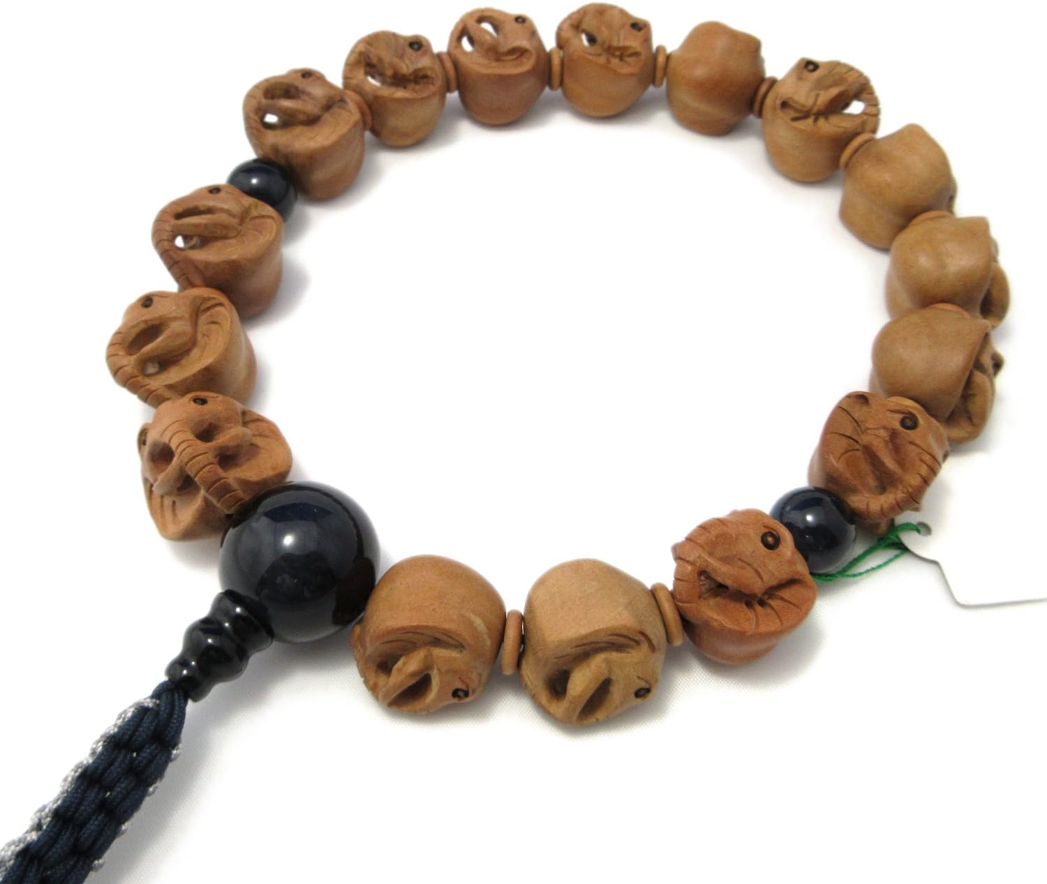京都あさひ屋 Elephant Wood Carving with Blue Tiger Eye Japanese Juzu Buddhist Prayer Beads Handemade in Kyoto JUA34